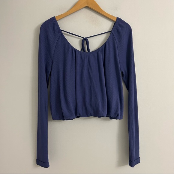 Free People We The Free Bondi Waffle Thermal Bubble Hem Top Blue - Picture 2 of 7